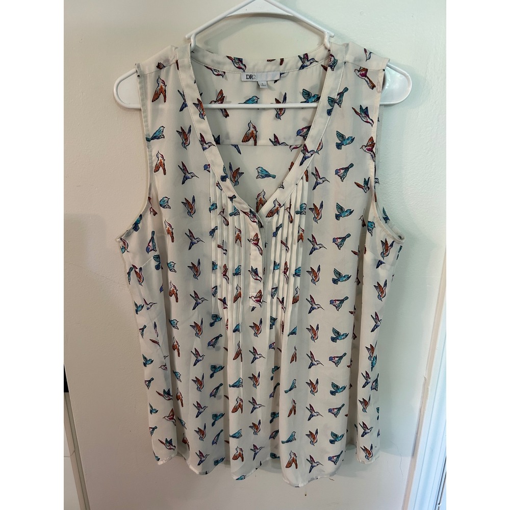 DR2 Women Sleeveless Bird Print Blouse White Pintuck V-Neck Top Large